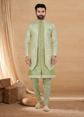 Exclusive Contrasting light green Thread and Detailed Embroidery Work Indo Western, Sherwani | Indian Traditional Mens Wear